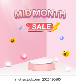 Banner Mid Month Sale Vorlage Farbe rosa minimalen Hintergrund oder Mid Month Sale Poster Vorlage. Großes Verkaufsevent auf rosafarbenem Minimalhintergrund. Anzeigen für Web, Social Media, Online-Shopping.