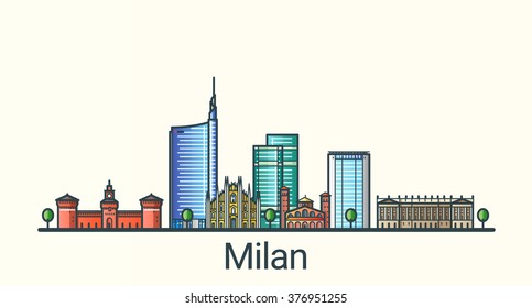 Banner of Milan city in flat line trendy style. All buildings separated and customizable. Line art.