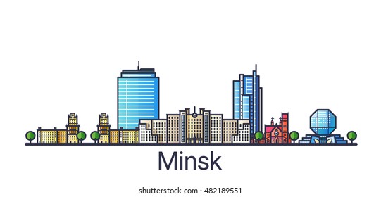 Banner of Minsk city in flat line trendy style. Minsk city line art. All buildings separated and customizable.