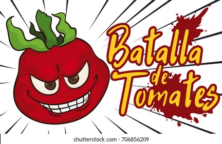 Banner with a mischievous tomato going crossing at full speed in a funny Battle of Tomatoes (in Spanish: Batalla de Tomates).