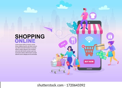 Banner, mobile app, landing page, woman carrying shopping bags, they used a mobile app on a smartphone.