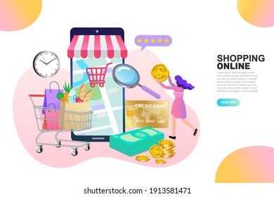 Banner, mobile app, landing page, woman carrying shopping bags, they used a mobile app on a smartphone. Pretty young woman with shopping bags sale online. flat vector illustration.