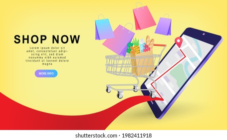 Banner, mobile app, landing page. Delivery concept. Man Delivering Online with Grocery order from smart phone. Shopping on social networks through phone flat design style. Vector illustration.
