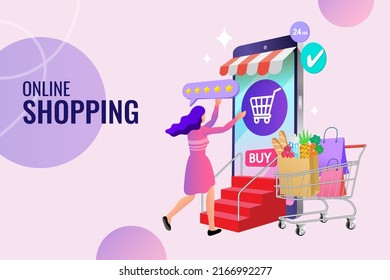 Banner, mobile app, landing page, woman carrying shopping bags, they used a mobile app on a smartphone. people use online shopping services. online marketing and e-commerce. Vector illustration.