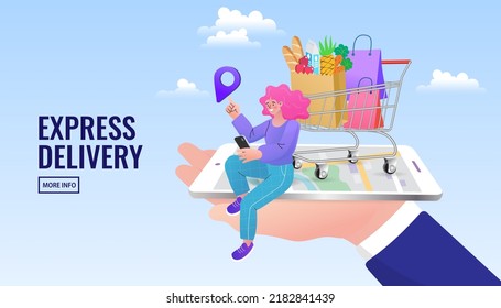 Banner, mobile app, landing page, woman carrying shopping bags, they used a mobile app on a smartphone. Pretty young woman with shopping bags sale online. flat vector illustration.