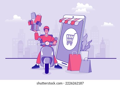 Banner, mobile app, landing page, woman carrying shopping bags, they used a mobile app on a smartphone. people use online shopping services. online marketing and e-commerce. Vector illustration.
