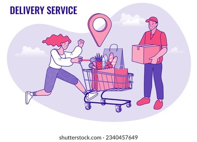 Banner, mobile app, landing page, woman carrying shopping bags, they used a mobile app on a smartphone. people use online shopping services. online marketing and e-commerce. Vector illustration.