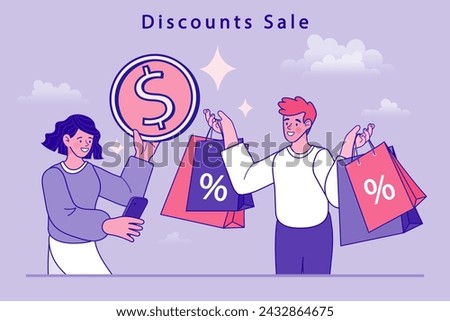 Banner, mobile app, landing page, man carrying shopping bags, they used a mobile app on a smartphone. people use online shopping services. online marketing and e-commerce. Vector illustration.