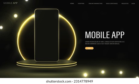Banner for mobile app and online store. Smartphone on the podium with a bright neon golden arch.