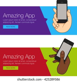 Banner for mobile phone app, smartphone. Banner or headers of mobile app. Banner layout for mobile app. Hand with mobile app. Hand with mobile phone app for header banner. Banner with hand touch phone