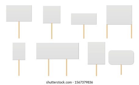 Banner mock up on wood stick collection. Protest placards, public transparency with wooden holders. Campaign boards with sticks.  Politic strike boards realistic vector holding public broadsheet 