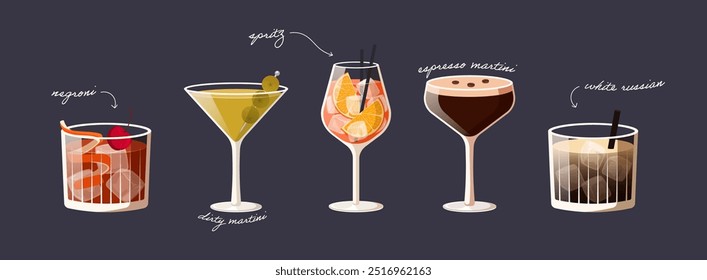 Banner com coquetéis modernos. Conjunto de bebidas alcoólicas clássicas isoladas sobre fundo escuro. Ilustração vetorial