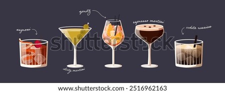 Banner with modern cocktails. Set of classical alcohol drinks isolated on dark background. Vector illustration