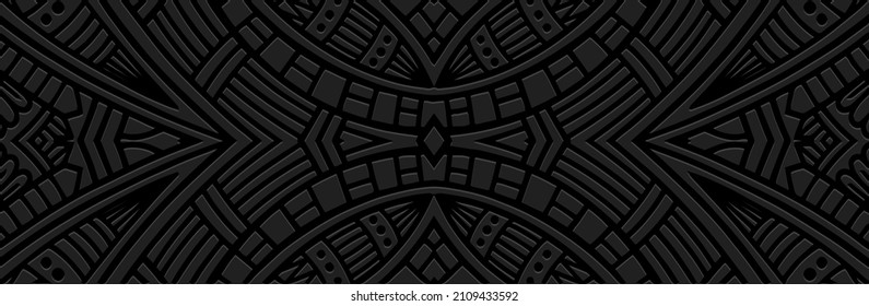 Banner, modern cover design. Dynamic geometric ethnic 3d pattern on black background, embossed decorative texture. Vector graphics for business background, magazine layout, brochure, booklet, flyer.