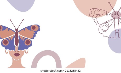 Banner in a modern one line and flat art style of a woman with butterfly. Hand drawn continuous line art vector illustration. Continuous one line drawing. Very Peri trendy color. 