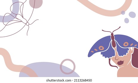 Banner in a modern one line and flat art style of a woman with butterfly. Hand drawn continuous line art vector illustration. Continuous one line drawing. Very Peri trendy color. 