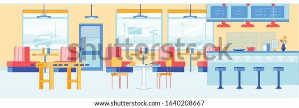 Banner\
Modern Roadside Cafe Interior, Cartoon. Seats sre Located near\
Large Windows, Cars are Parked Behind them. Sofas with High Backs,\
Wooden Tables are Bottles with Spices and\
Ketchup.