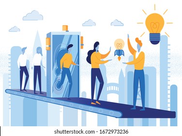 Banner Modern Technologies and Creative Ideas. Solving Problem and Rethinking its Wording in Order to Arrive at Correct Idea. Men and Women Walk along Suspension Platform Through Detector.