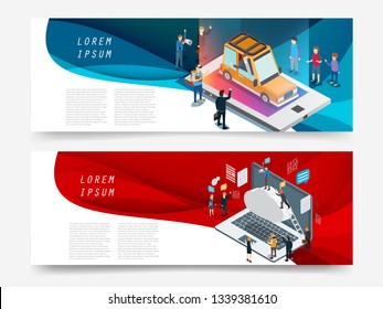 banner with modern technology telecommunication isometric background set
