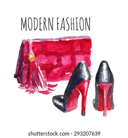 Banner with modern womens shoes and bag. Banner Modern Fashion. Watercolor vector illustration