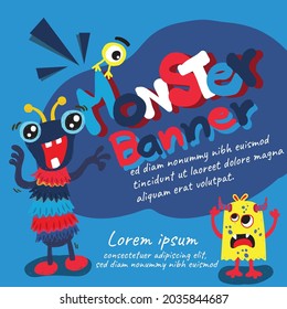 banner monster alien cute colorful happy smile background; template
 brochure concepts vector illustration design character 