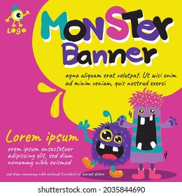 banner monster alien cute colorful happy smile background template
 brochure concepts vector illustration design character 