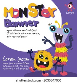 banner monster alien cute colorful happy smile background template
 brochure concepts vector illustration design character 
