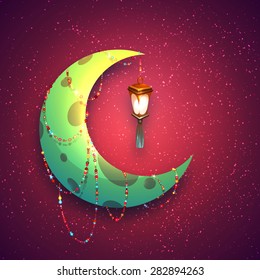 Banner with moon and arabic lantern for holy month of muslim community Ramadan Kareem. Vector illustration.