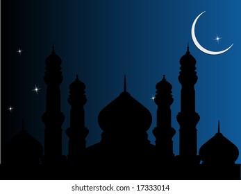 banner of mosques, stars and half moon in the holly night