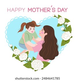 Banner of mother carrying a daughter in heart shape frame with lace design around the heart, decorate with jasmine and the wording of Happy Mother’s Day. For Mother’s Day or design about mom concept.