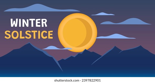 Banner with mountain landscape and text WINTER SOLSTICE 