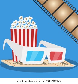 Banner movie. 3D glasses, popcorn, film. Production of the film. Flat design, vector illustration, vector.