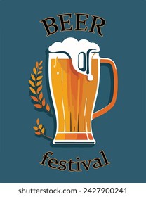 Banner with a mug of beer.Vector illustration with beer mug and text on a colored background. Suitable for advertising, flyers, menus, stickers.