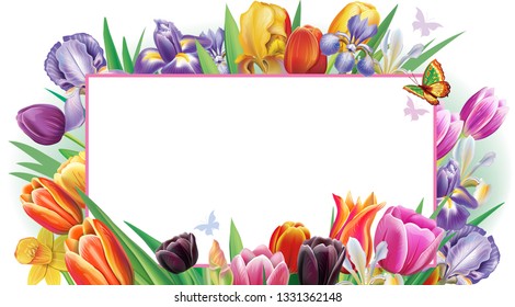 Banner mit mehrfarbigen Frühlingsblumen