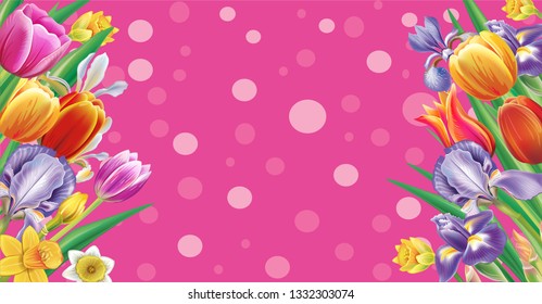 Banner with multicolor spring flowers