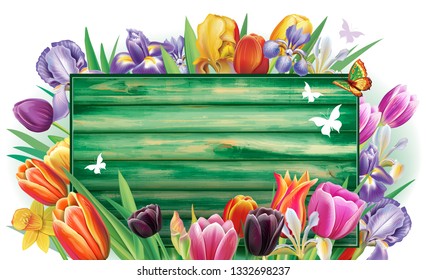 Banner with multicolor spring flowers