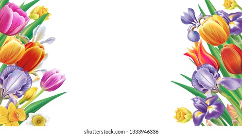 Banner with multicolor spring flowers