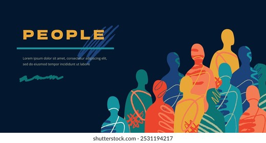 A banner with a multicolored crowd of abstract human silhouettes. A collage of people with scratch lines and scribbles.