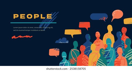 A banner with a multicolored crowd of abstract human silhouettes and conversation bubbles above them. A collage of people and with scratch lines and scribbles.