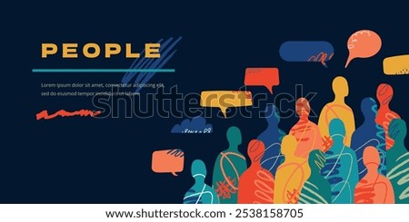 A banner with a multicolored crowd of abstract human silhouettes and conversation bubbles above them. A collage of people and with scratch lines and scribbles.