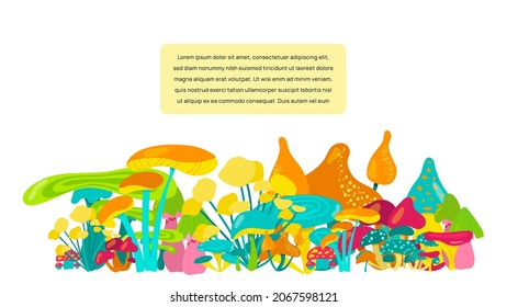 Banner with multi-colored incredible mushrooms. Many fantastic mushrooms on a white background. For screensaver or website