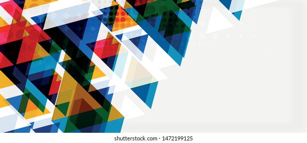 Banner with multicolored mosaic triangle geometric design on white background. Abstract texture. Vector illustration design template. Geometric art pattern background.