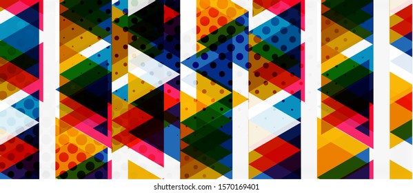 Banner with multicolored mosaic triangle geometric design on white background. Abstract texture. Vector illustration design template. Geometric art pattern background.