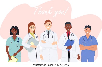 Banner with a multicultural group of medics. Appreciation for hospital staff fighting the spread of coronavirus. 