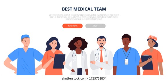 Cartel con un grupo multicultural de médicos. Médico, enfermera, terapeuta, cirujano, trabajadores hospitalarios profesionales. Mejor concepto de equipo médico. Caracteres planos de diseño.