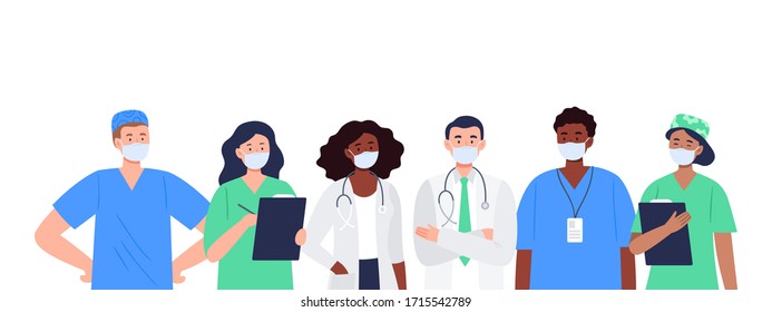 Banner with a multicultural group of medics. The medical team in white face masks. Doctor, nurse, therapist, surgeon, professional hospital workers. Flat design characters.