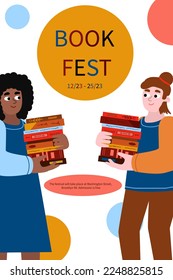 Banner with multi-culture people holding a stack of books. African American woman and caucasian man on book festival poster. Vector illustration in cartoon style