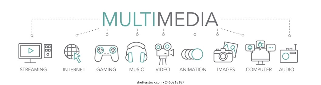 Banner Multimedia concept. Keywords and editable thin line vector icons two-tone