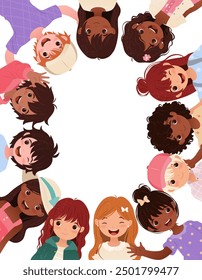 Banner with Multiracial Cartoon Kids. Vertical template with empty space for your text. Little boys and girls for educational designs, Back to School, greeting cards. Vector illustration with children