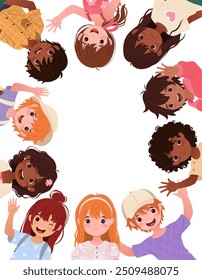 Banner with Multiracial Cartoon Kids. Vertical template with empty space for your text. Little boys and girls for educational designs, Back to School, greeting cards. Vector illustration with children